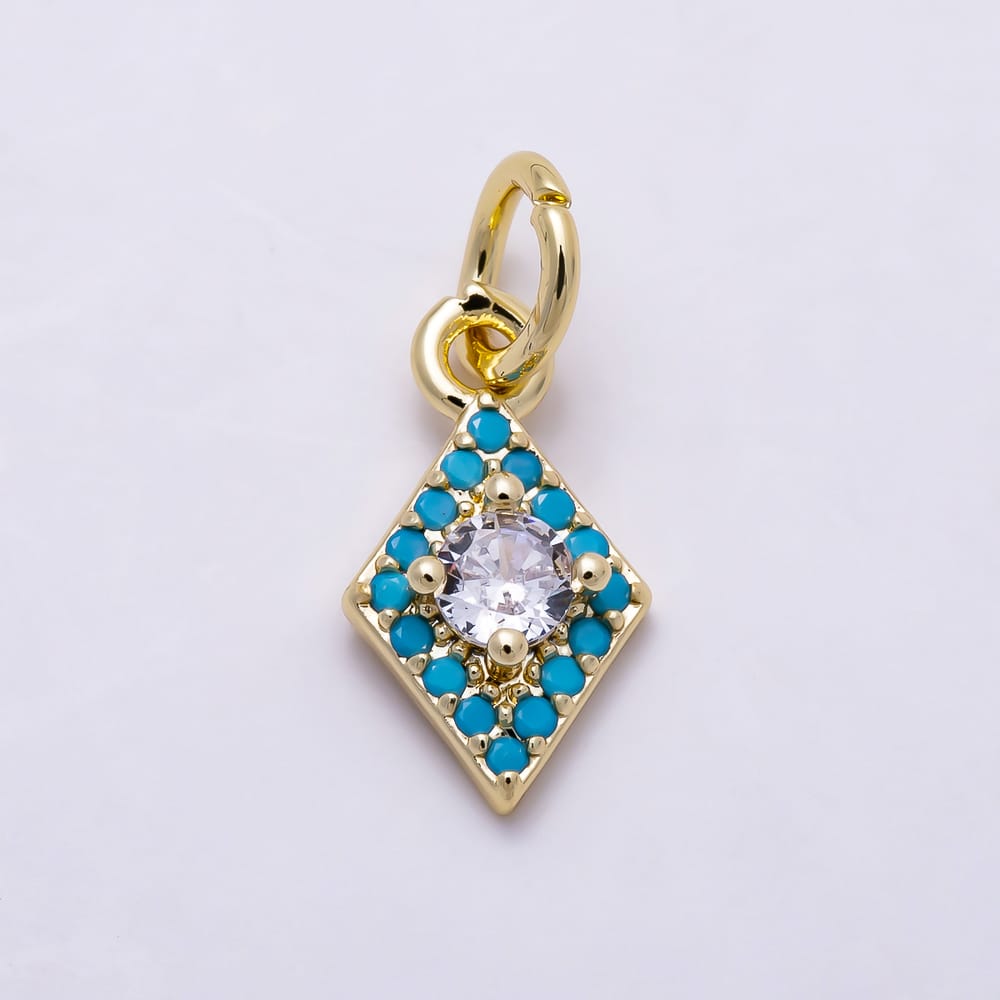 16K Gold Filled 12mm Clear Round CZ Turquoise Geometric Rhombus Charm | Charms-02177