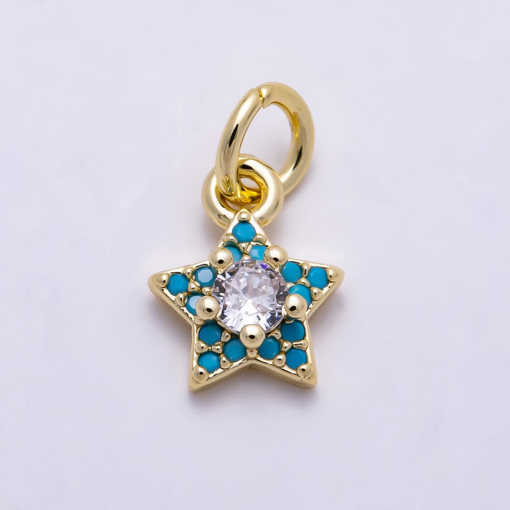16K Gold Filled 9mm Clear Round CZ Turquoise Celestial Star Charm | Charms-02178