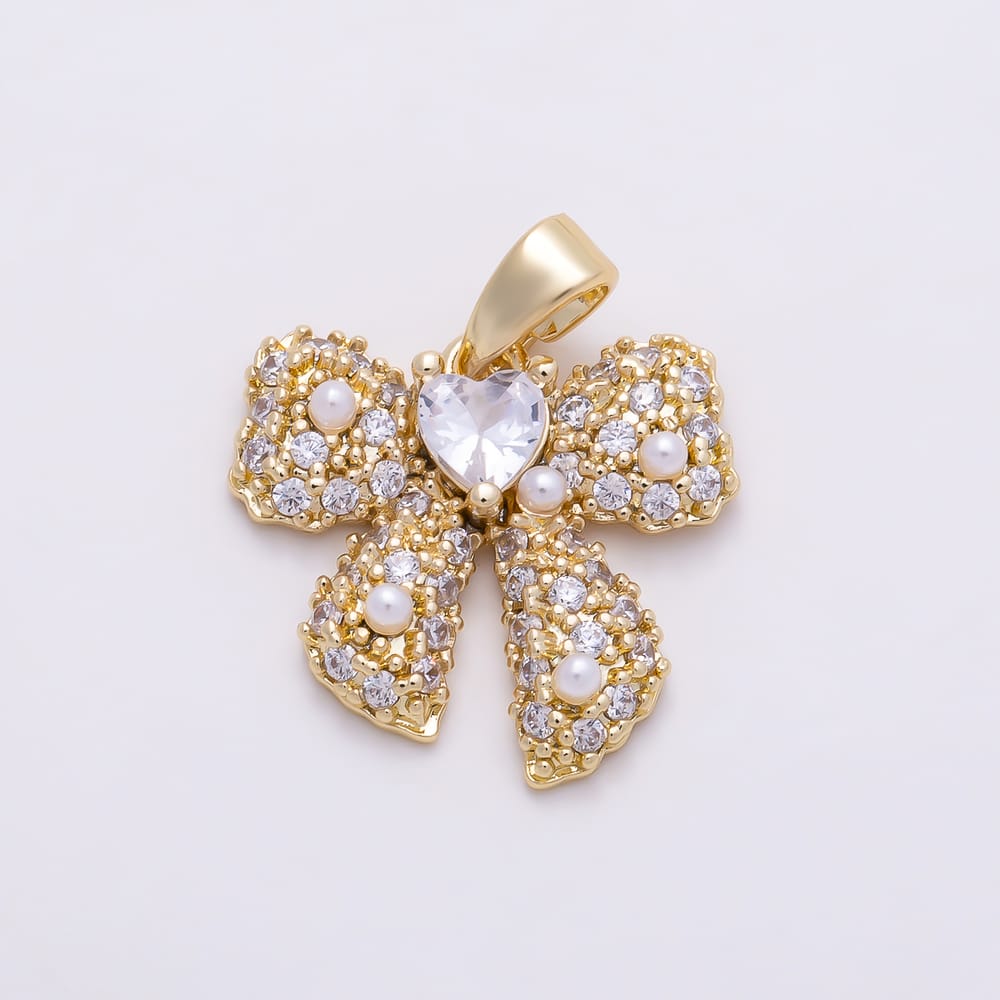 16K Gold Filled 16mm Clear CZ Micro Paved Shell Pearl Heart Ribbon Bow Pendant | Charms-02179