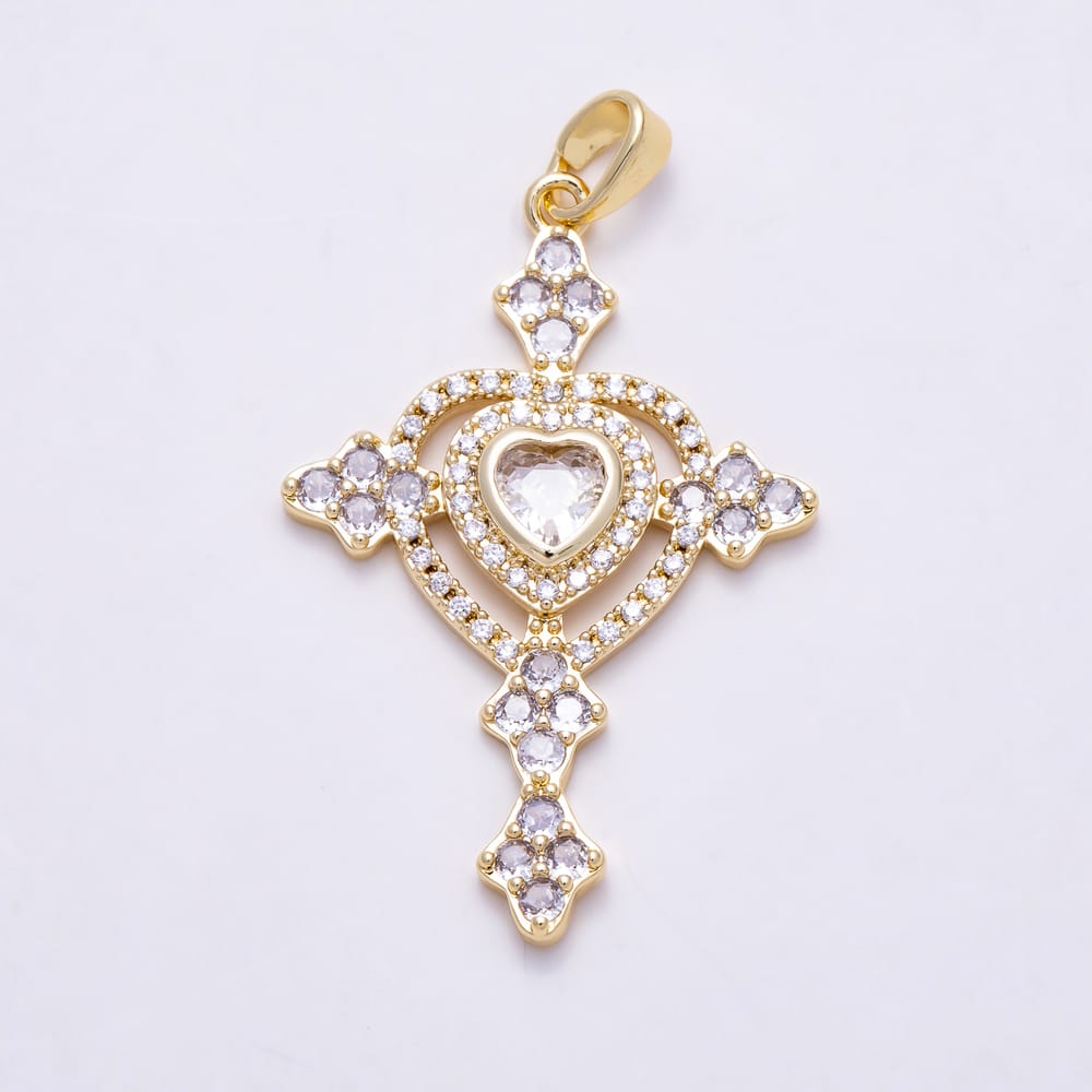 16K Gold Filled 35mm Micro Paved CZ Open Artisan Heart Cross Religious Pendant | Charms-02180