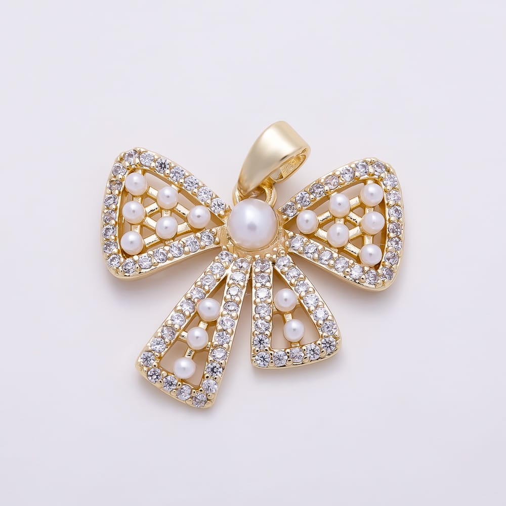 16K Gold Filled 20mm Micro Paved CZ Shell Pearl Ribbon Bow Pendant | Charms-02181