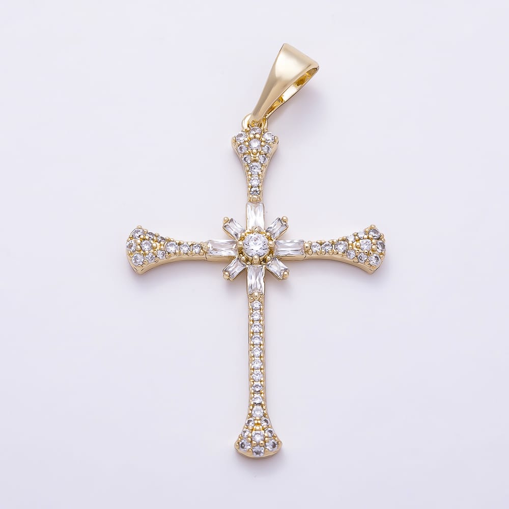 14K Gold Filled 37mm Baguette Micro Paved CZ Religious Passion Cross Pendant | Charms-02183