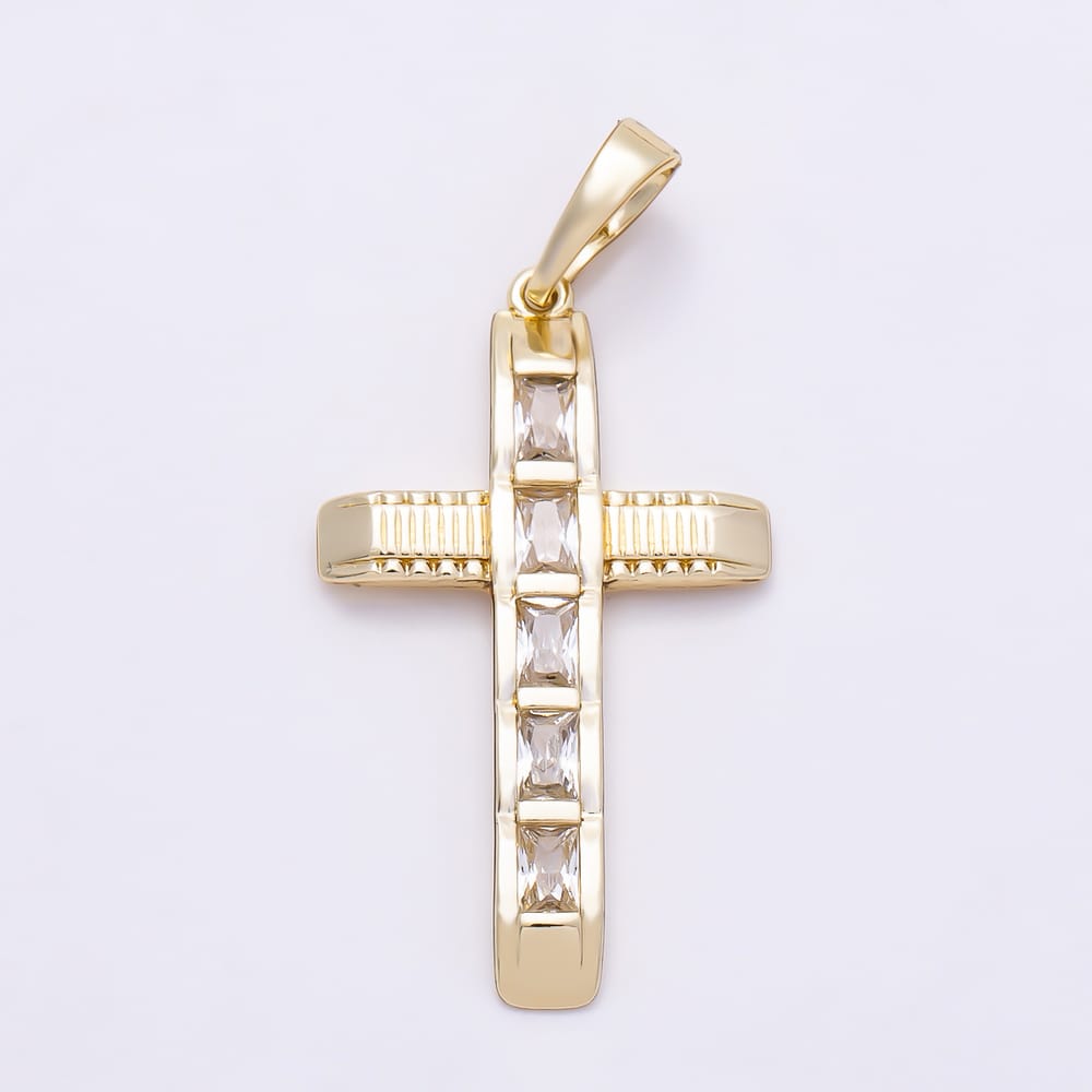 14K Gold Filled 30mm Baguette CZ Ribbed Edged Textured Geometric Religious Cross Pendant | Charms-02185