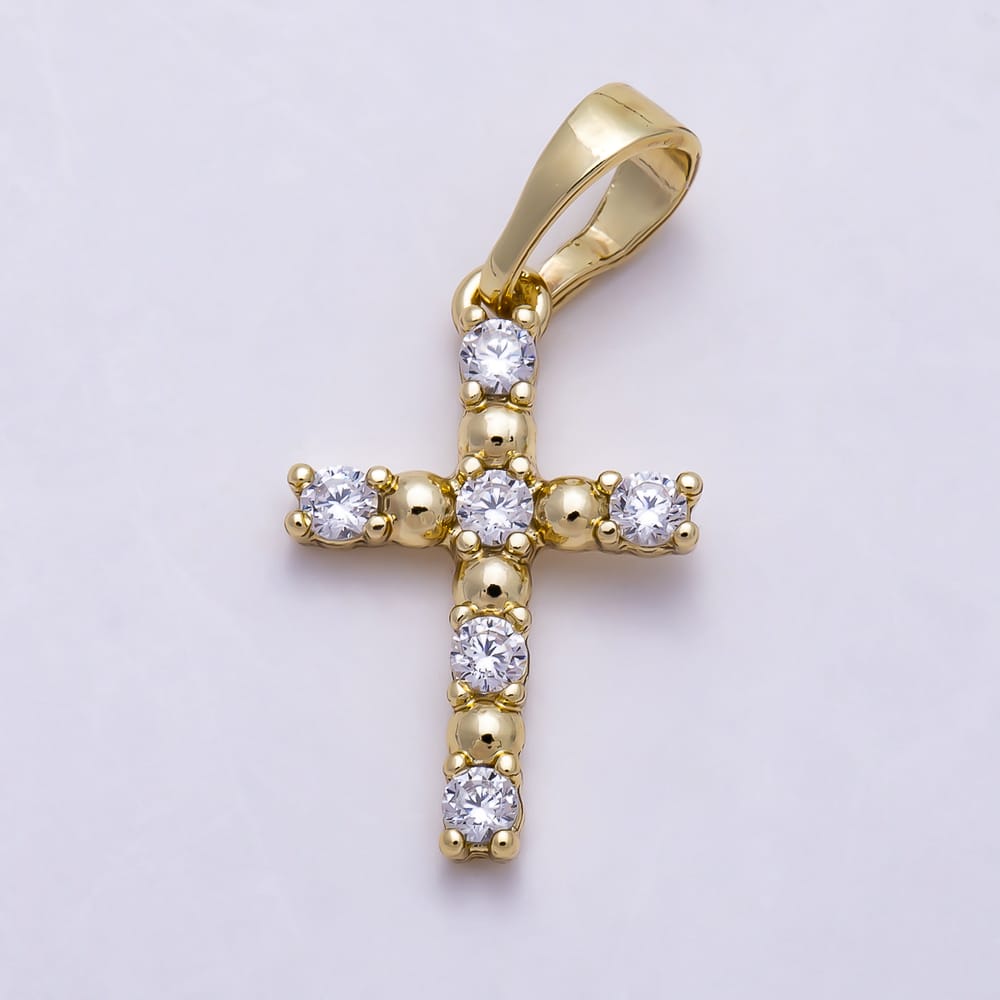 14K Gold Filled 16mm Clear CZ Round Bead Religious Cross Pendant | Charms-02186