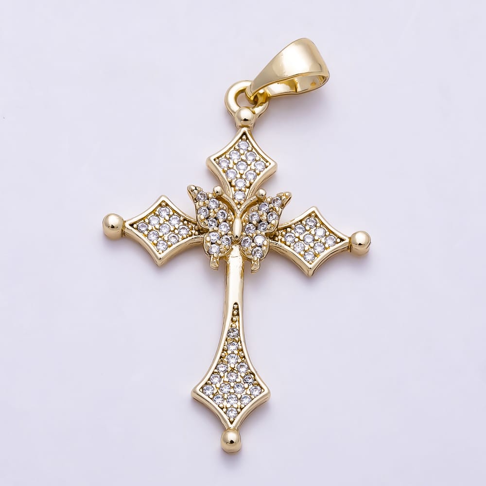 14K Gold Filled 33mm Micro Paved CZ Rhombus Butterfly Passion Cross Religious Pendant | Charms-02187