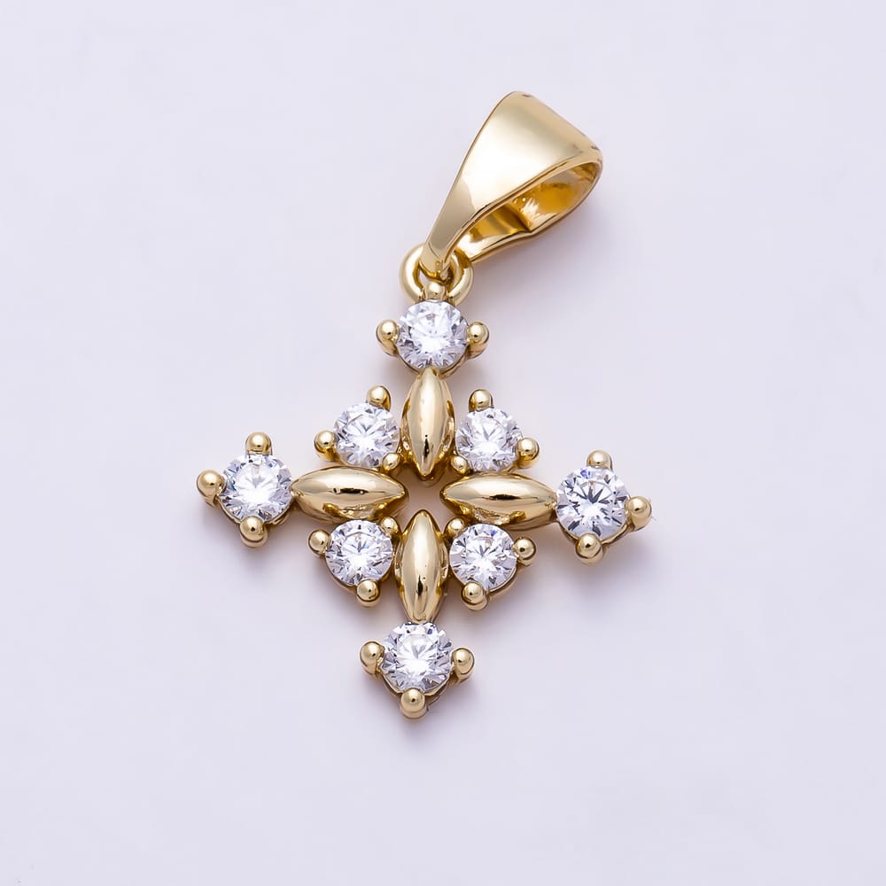 14K Gold Filled 17mm Clear CZ Round Teardrop Geometric Rhombus Religious Cross Pendant | Charms-02188