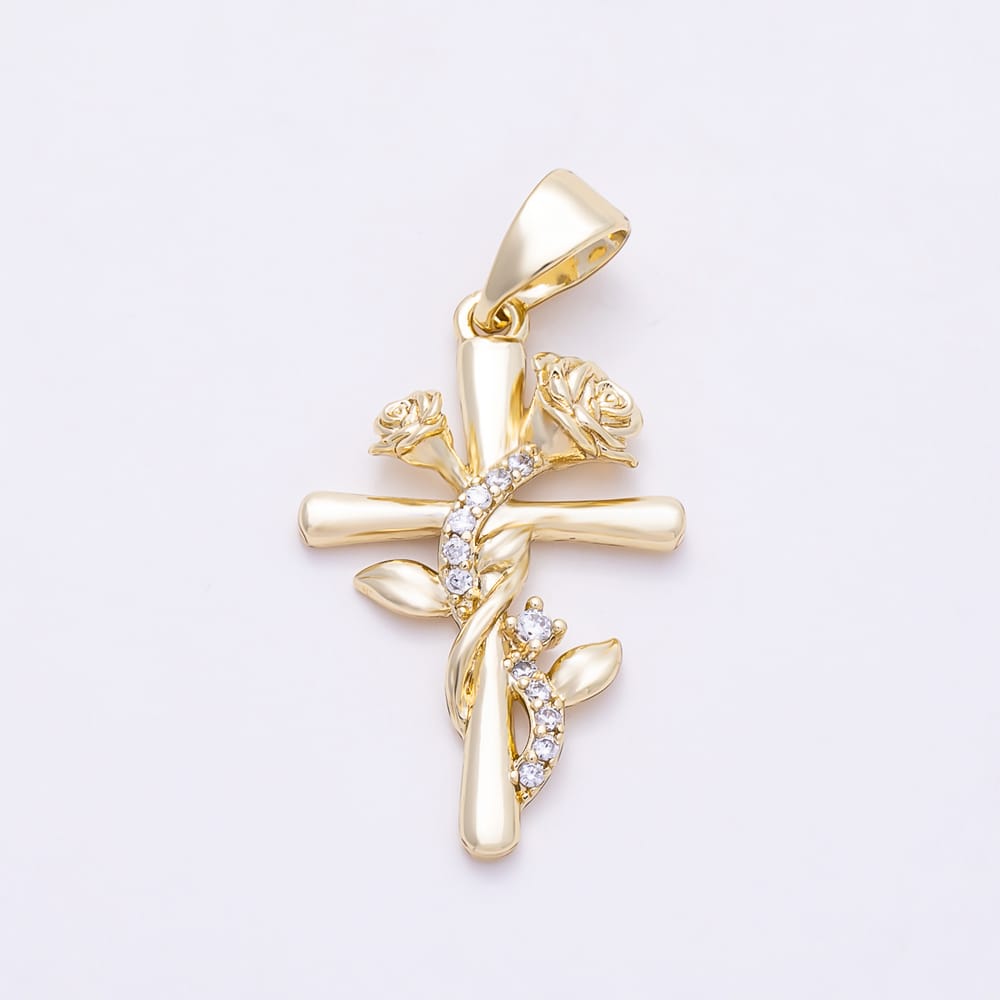 14K Gold Filled 29mm Micro Paved CZ Rose Flower Cross Religious Pendant | Charms-02190