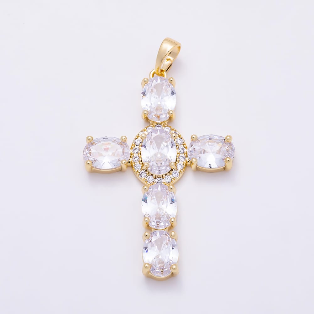 16K Gold Filled 40mm Clear Oval Micro Paved CZ Religious Cross Pendant | Charms-02191