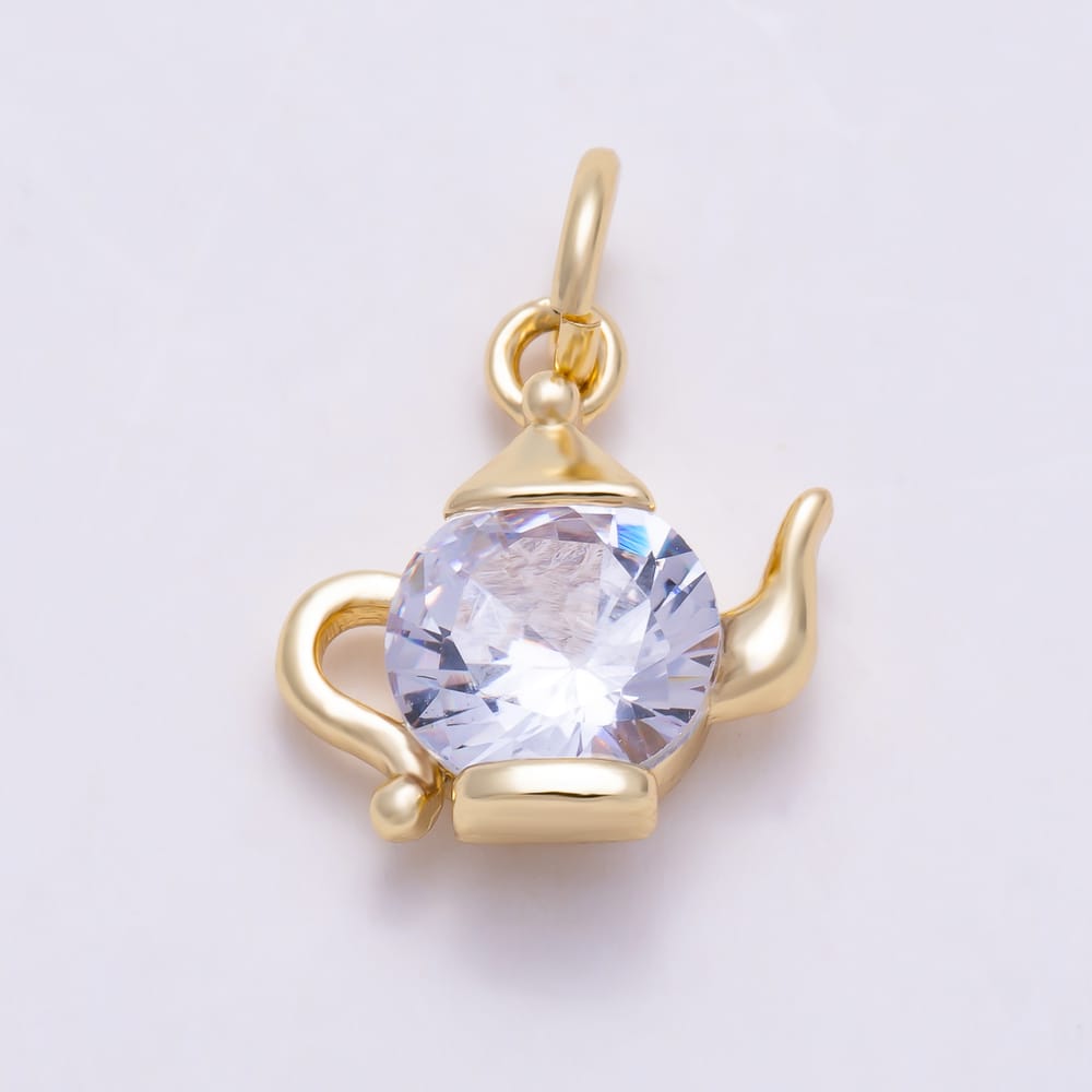 16K Gold Filled 12mm Solitaire Round Clear CZ Teapot Kettle Charm | Charms-02194