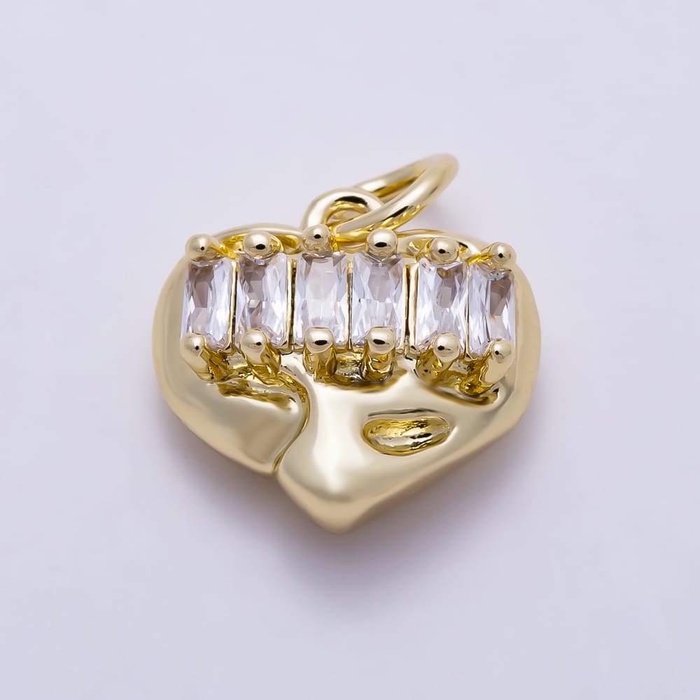 16K Gold Filled 12mm Organic Molten Puffy Heart Baguette CZ Mini Charm | Charms-02201