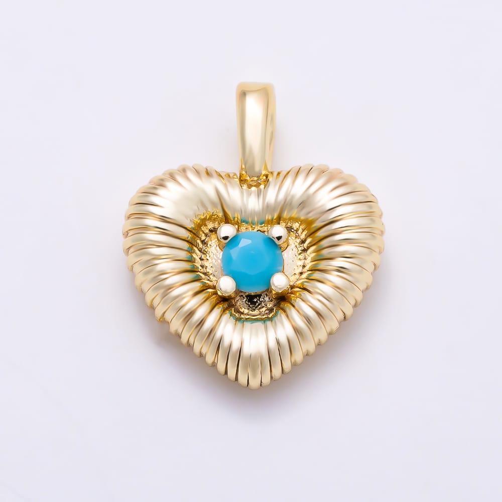 16K Gold Filled 16mm Turquoise Ribbed Geometric Heart Pendant in Gold & Silver | Charms-02204 Charms-02205