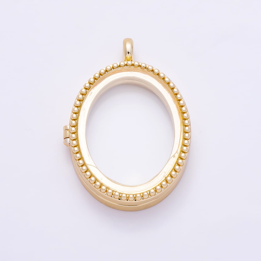 16K Gold Filled 38mm Beaded Edge Oval Glass Floating Memory Locket Pendant | Charms-02206