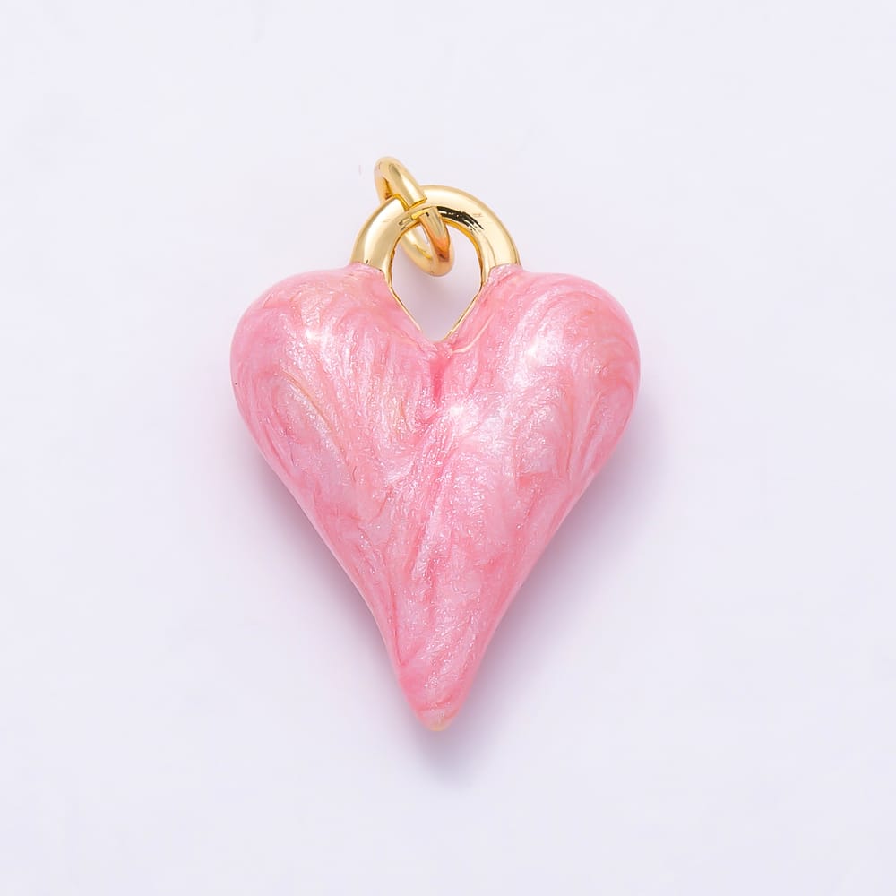 16K Gold Filled 21mm 3D Elongated Swirl Pink Marbled Enamel Puffy Heart Charm | Charms-02208