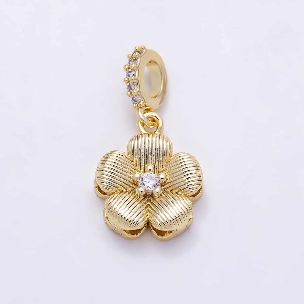 16K Gold Filled 12mm Slider Micro Paved CZ Textured 5-Petal Flower Charm | Charms-02209 - Charms-02210