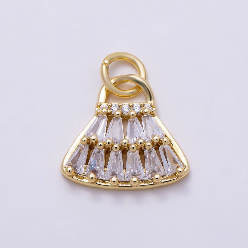 16K Gold Filled 12mm Baguette Micro Paved CZ Fan Bag Charm in Gold & Silver | Charms-02215 Charms-02216