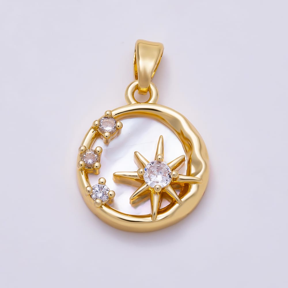 16K Gold Filled 17mm Clear CZ Celestial Compass Star Mother of Pearl Pendant | Charms-02217