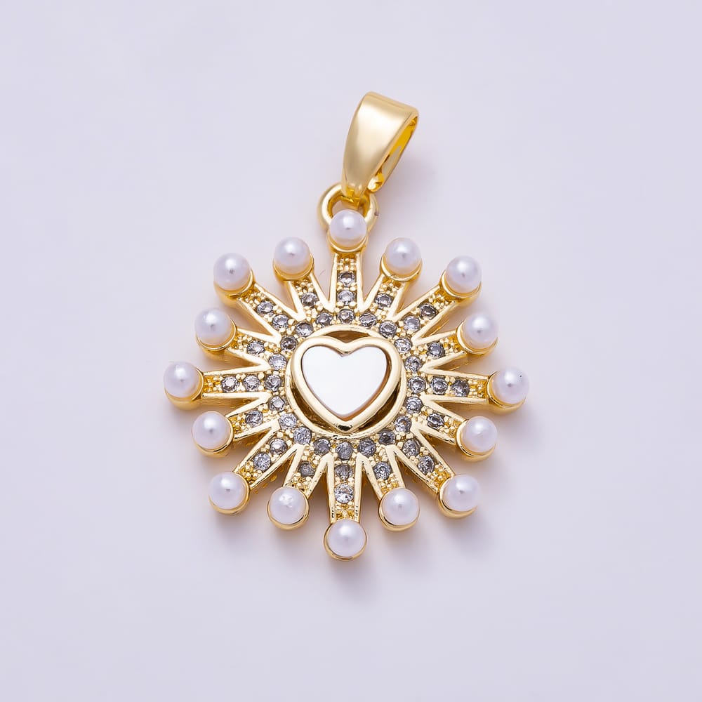 16K Gold Filled 22mm Shell Pearl Beaded Heart Mother of Pearl CZ Celestial Sunburst Pendant | Charms-02218