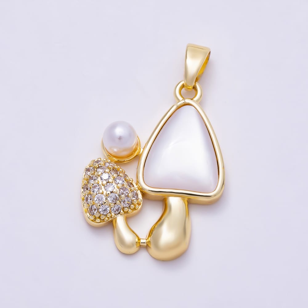 16K Gold Filled 23mm Clear CZ Whimsical Twin Mushroom Mother of Pearl Pendant | Charms-02219