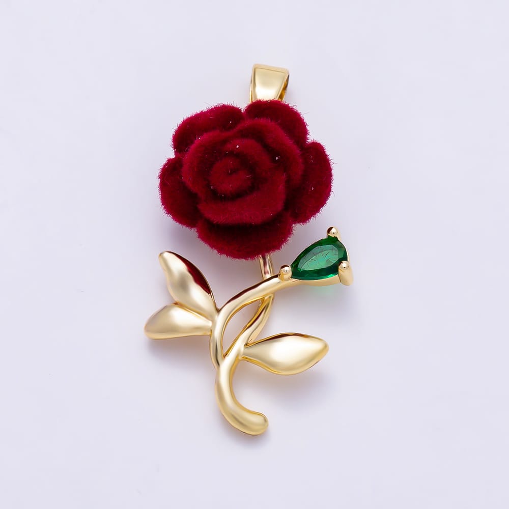 16K Gold Filled 27mm Green Teardrop CZ 3D Red Flocked Rose Flower Pendant | Charms-02221