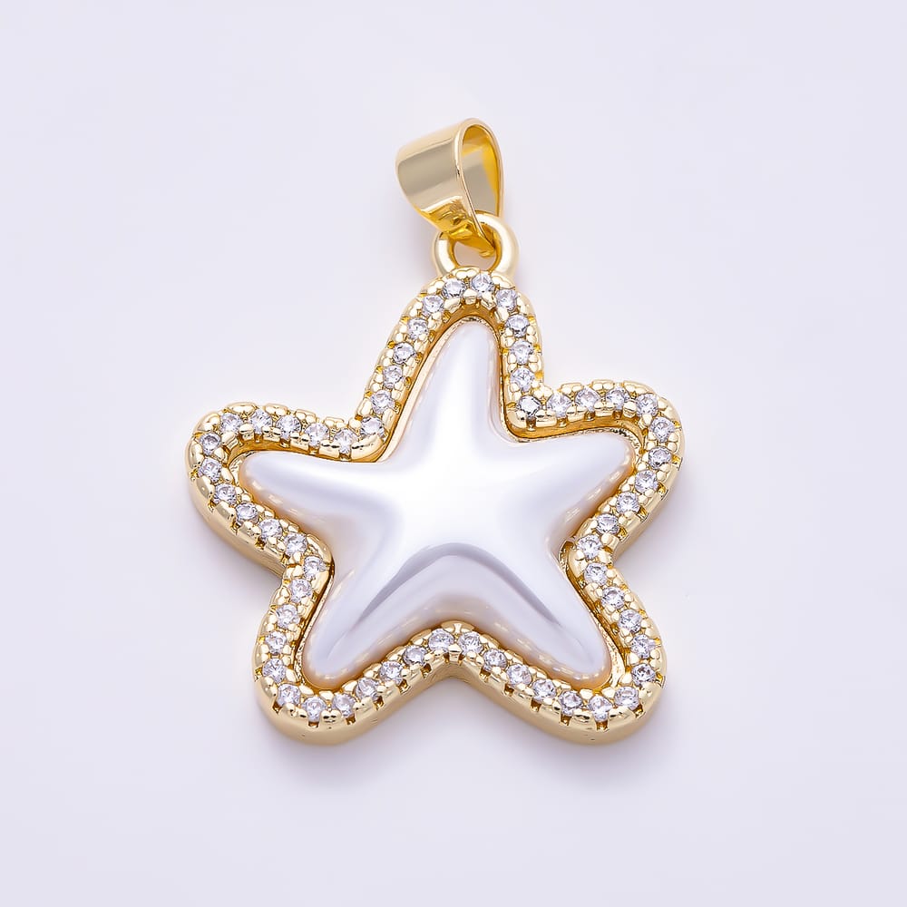 16K Gold Filled 24mm Shell Pearl Micro Paved CZ Starfish Pendant | Charms-02228