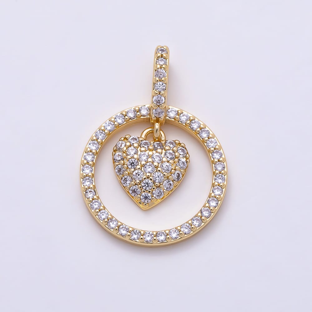 16K Gold Filled 18mm Micro Paved CZ Heart Round Open Drop Pendant | Charms-02230