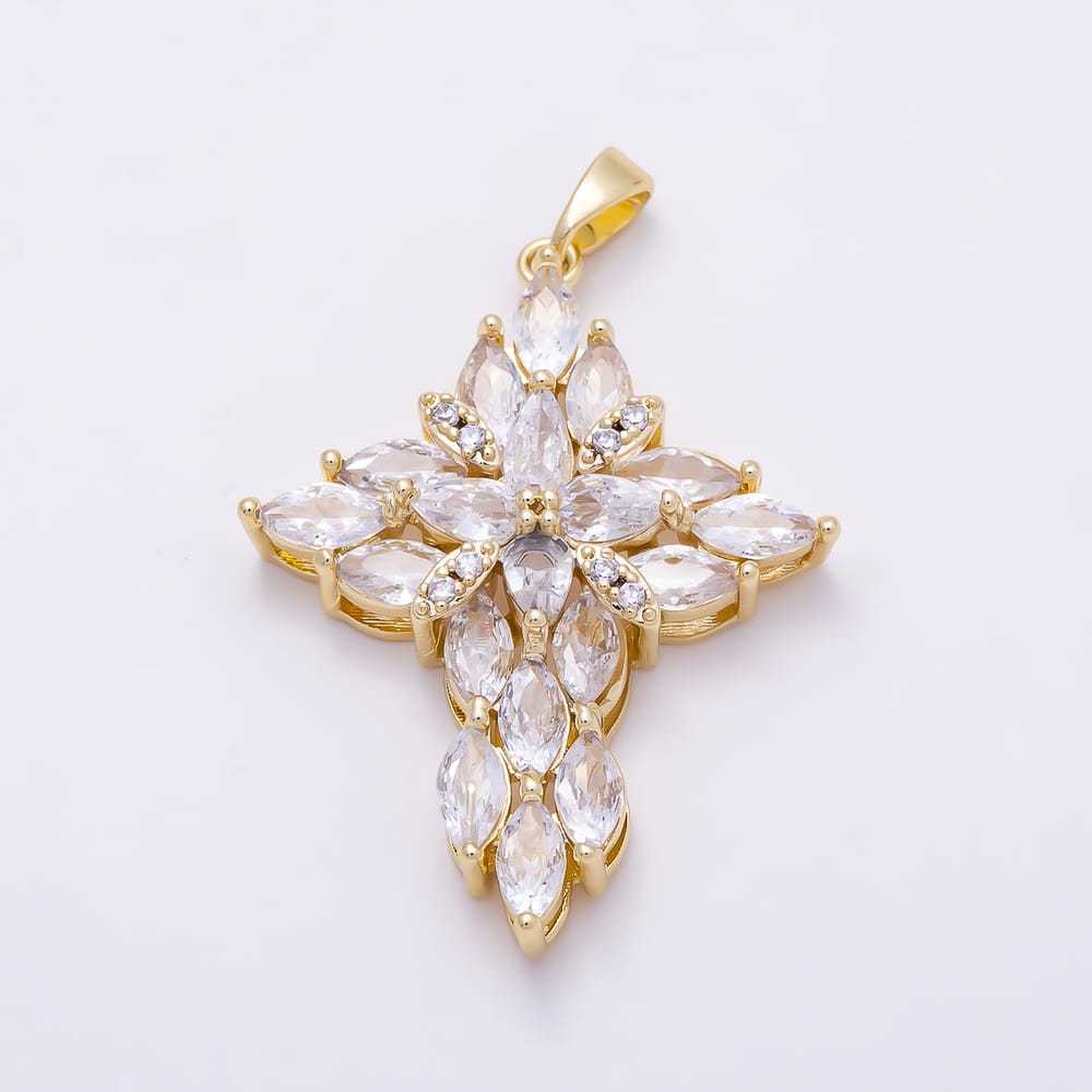 16K Gold Filled 35mm Marquise Micro Paved CZ Cluster Flower Religious Cross Pendant | Charms-02231