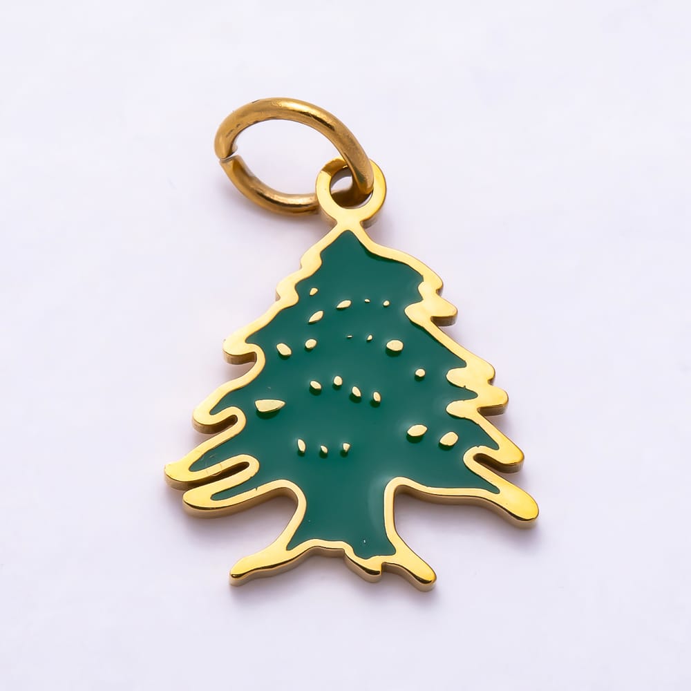CHRISTMAS HOLIDAYS 16K Gold Filled 14mm Green Enamel Christmas Tree Charm | Charms-02236