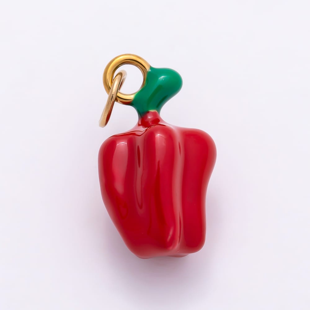 16K Gold Filled 17mm Red Green Enamel Bell Pepper Chili Vegetable 3D Multidimensional Charm | Charms-02237