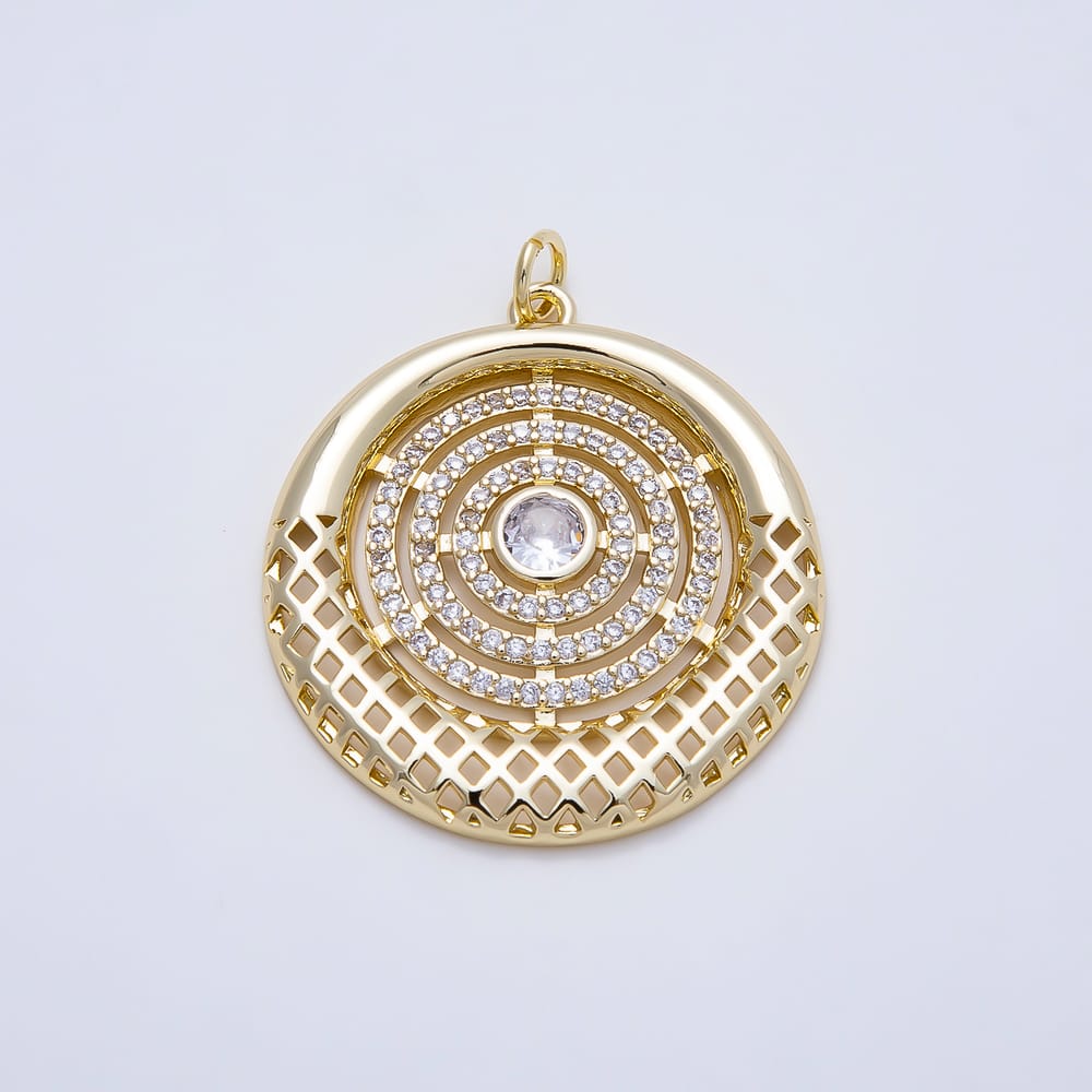 16K Gold Filled 30mm Clear Micro Paved CZ Round Multi Band Rhombus Filigree Geometric Charm | Charms-02242