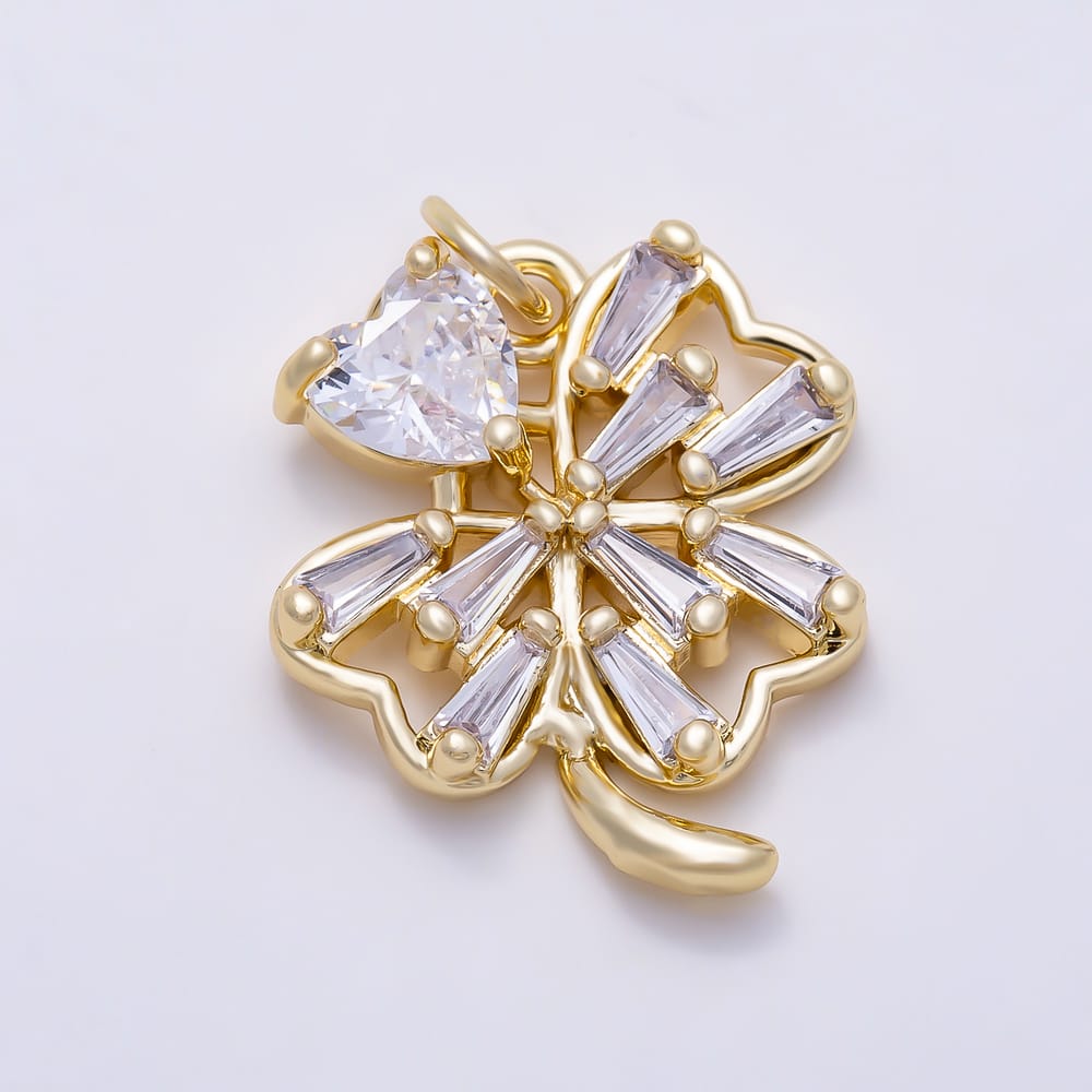 16K Gold Filled 22mm Clear Baguette Heart CZ Four Leaf Lucky Clover Flower Charm | Charms-02243
