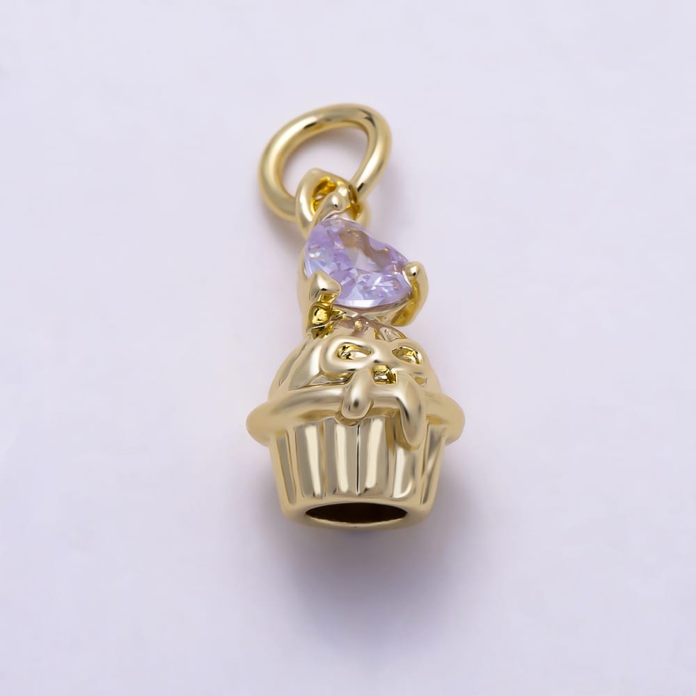 16K Gold Filled 12mm Purple, Pink Heart CZ Cupcake Dessert 3D Multidimensional Charm | Charms-02245 Charms-02246