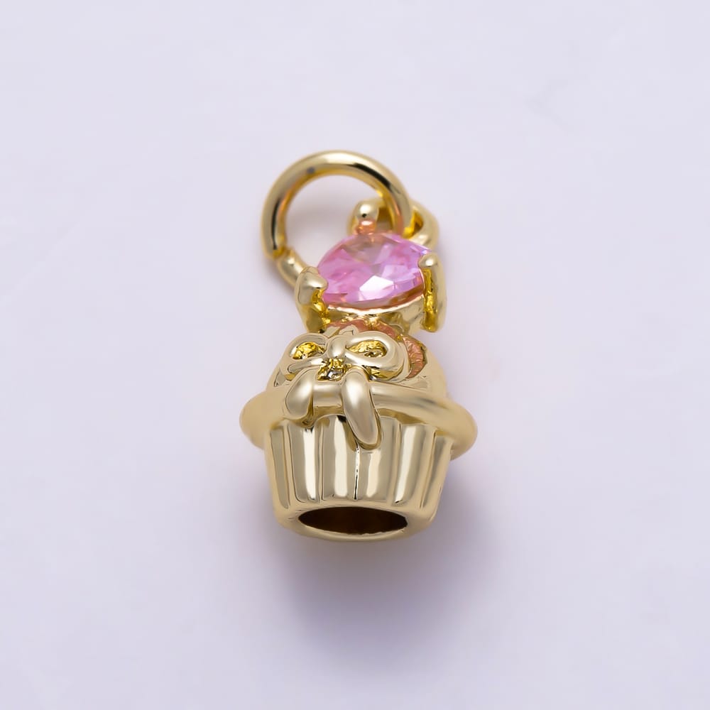 16K Gold Filled 12mm Purple, Pink Heart CZ Cupcake Dessert 3D Multidimensional Charm | Charms-02245 Charms-02246