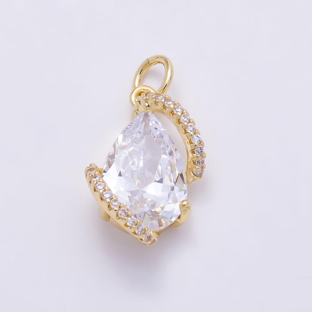 16K Gold Filled 17mm Clear Teardrop Micro Paved CZ Swirl Solitaire Charm in Gold & Silver | Charms-02249 Charms-02250