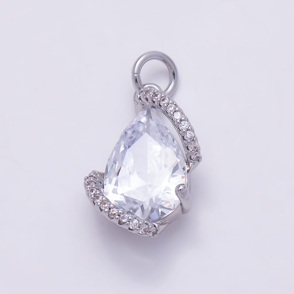 16K Gold Filled 17mm Clear Teardrop Micro Paved CZ Swirl Solitaire Charm in Gold & Silver | Charms-02249 Charms-02250