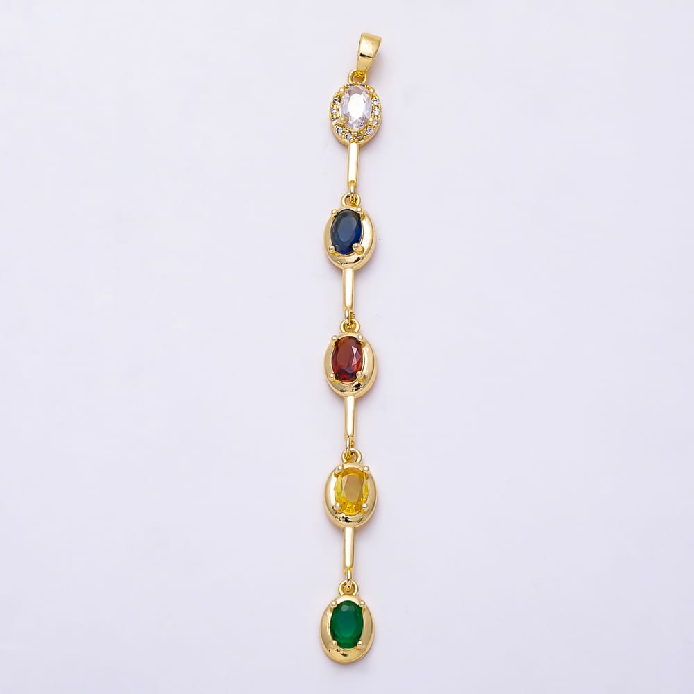 16K Gold Filled 78.5mm Multicolor Micro Paved CZ Oval Bezel Bar Drop Charm | Charms-02253