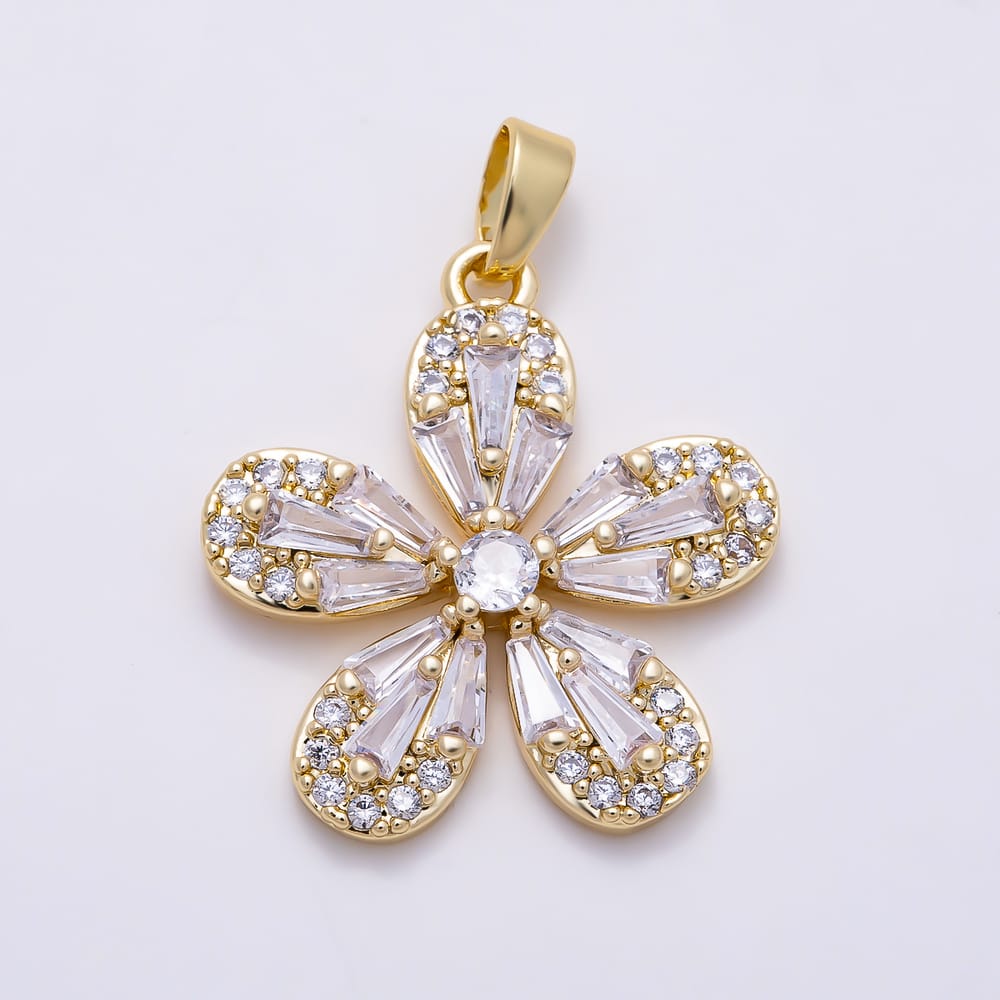 14K Gold Filled 22mm Clear Baguette Micro Paved CZ Flower Pendant | Charms-02256