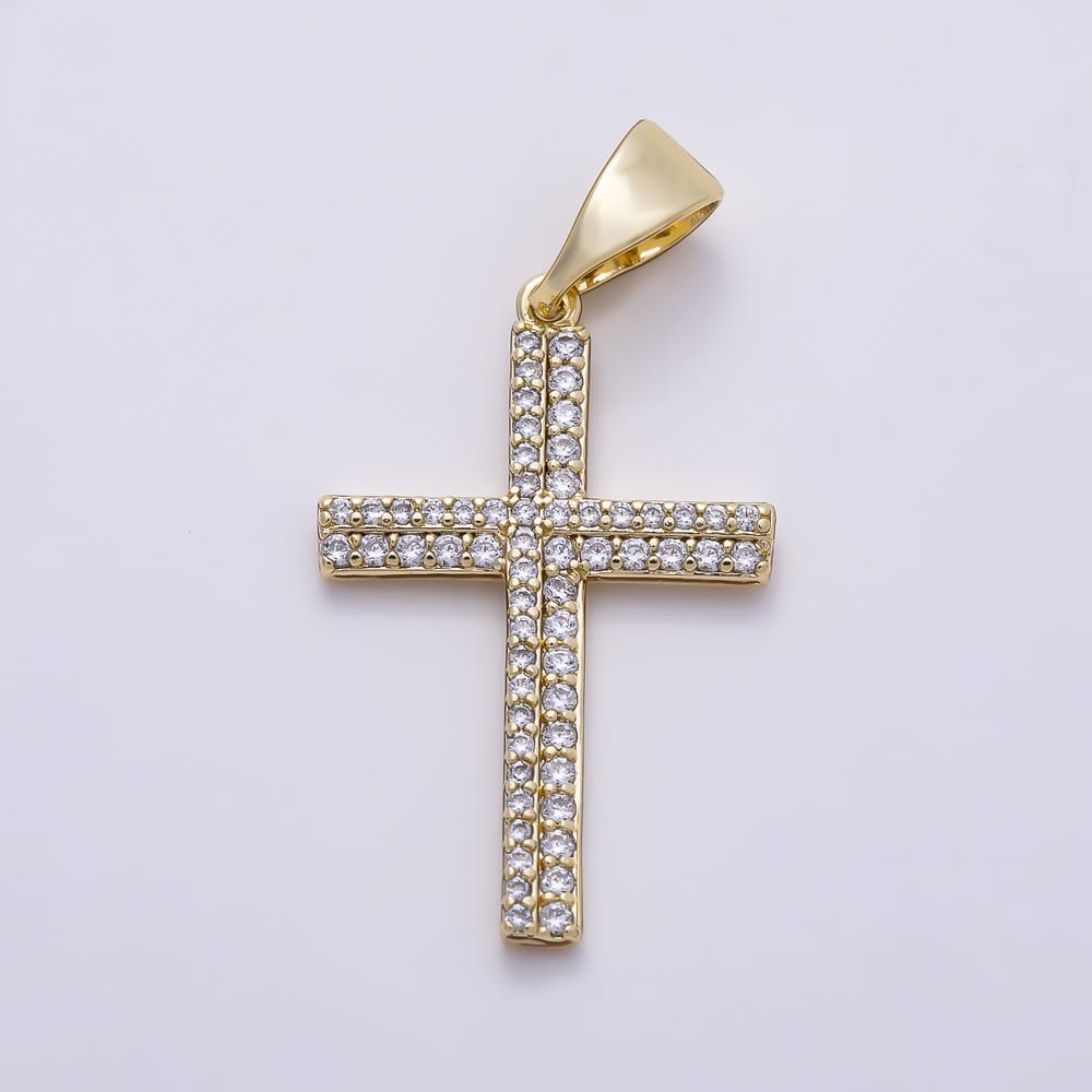 14K Gold Filled 27mm Double Row Micro Paved CZ Religious Cross Pendant | Charms-02258
