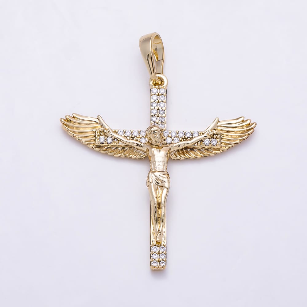 14K Gold Filled 32mm Clear Micro Paved CZ Angel Wings Crucifix Cross Religious Pendant | Charms-02259
