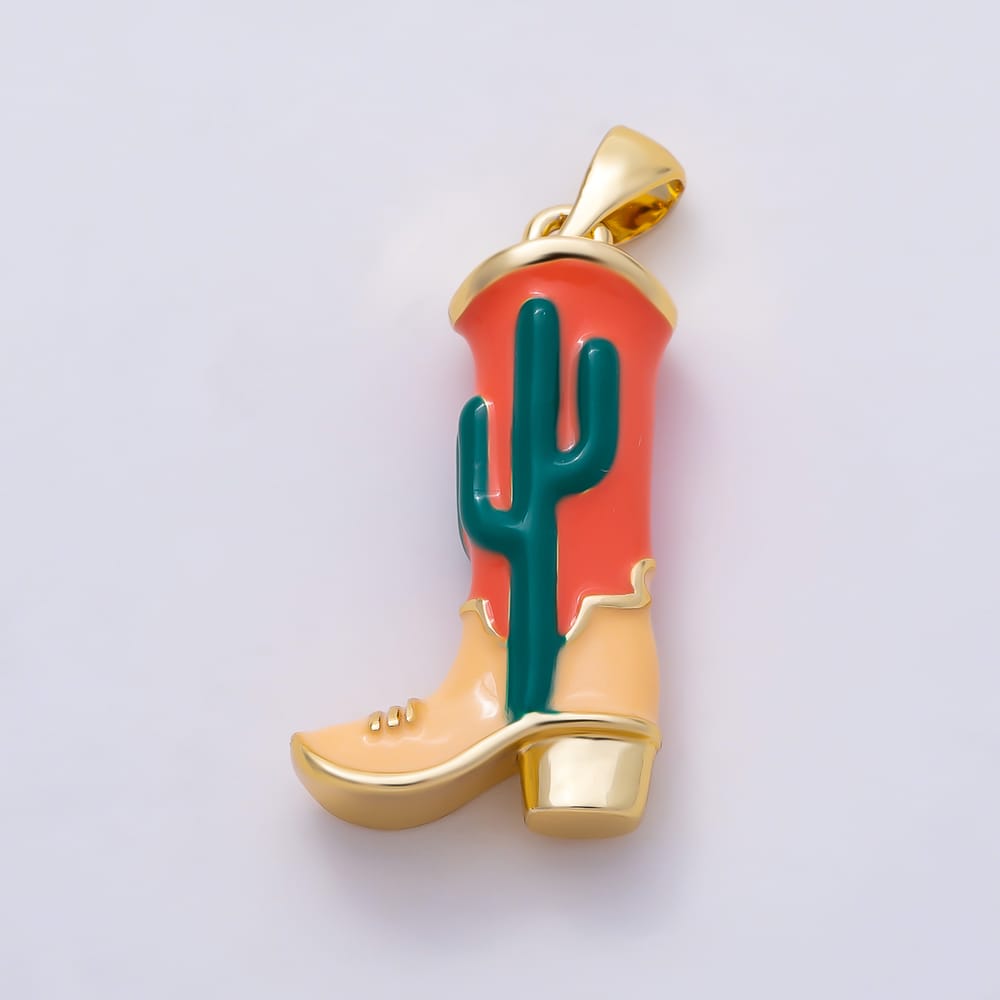 16K Gold Filled 25mm Multicolor Enamel Cactus Cowboy Boot 3D Multidimensional Pendant in Gold & Silver | Charms-02264 Charms-02265