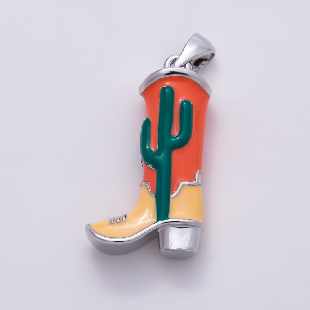 16K Gold Filled 25mm Multicolor Enamel Cactus Cowboy Boot 3D Multidimensional Pendant in Gold & Silver | Charms-02264 Charms-02265