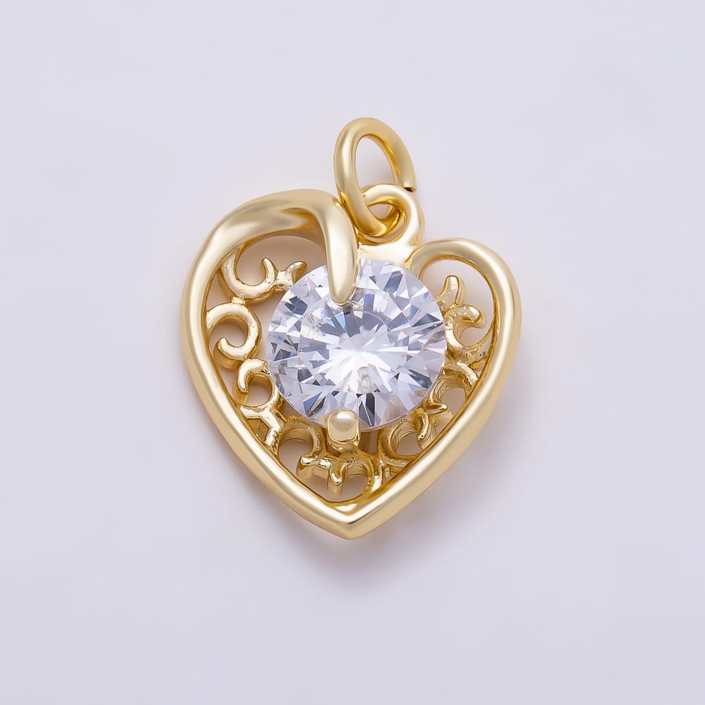 16K Gold Filled 15mm Clear Round CZ Filigree Open Heart Charm in Gold & Silver | Charms-02266 Charms-02267
