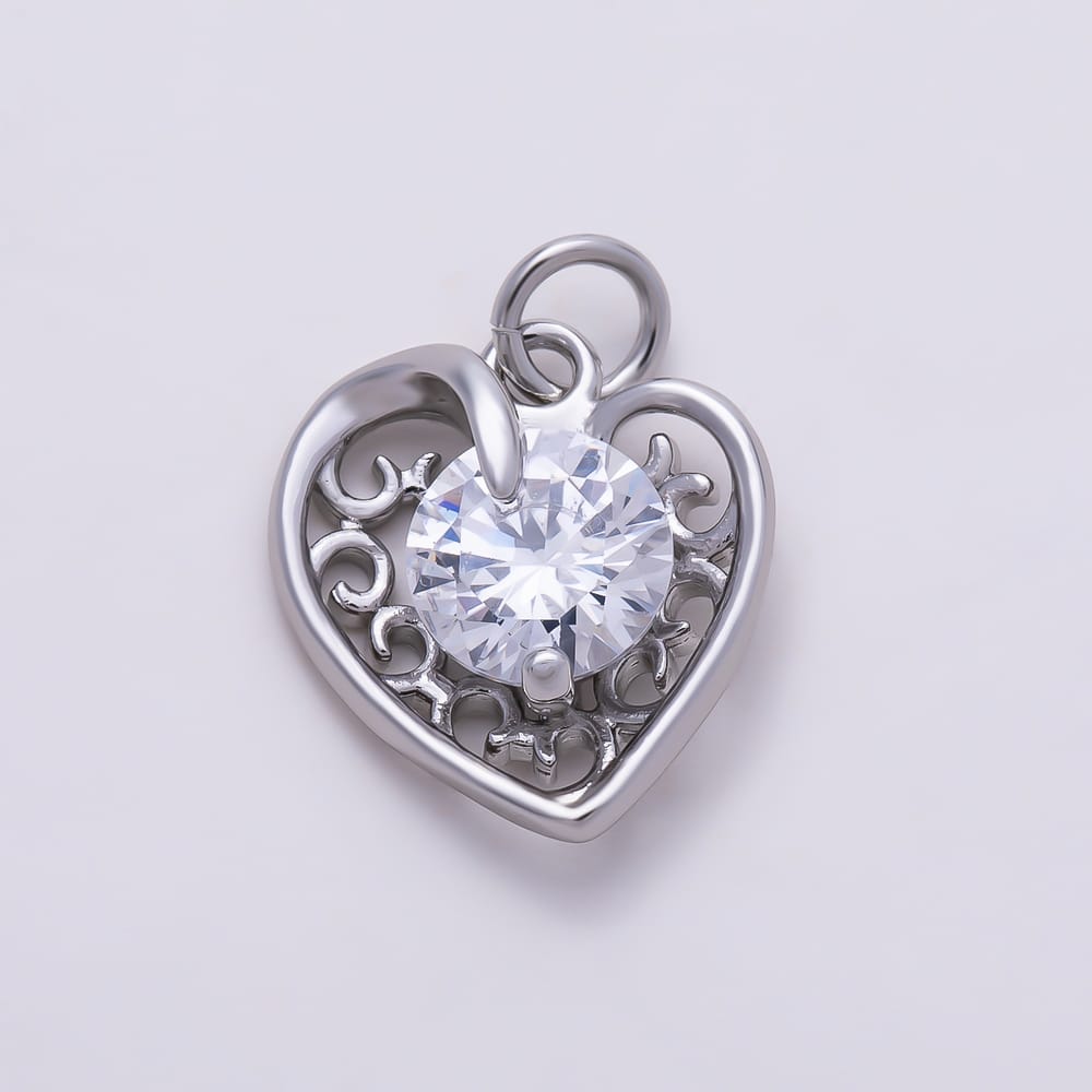 16K Gold Filled 15mm Clear Round CZ Filigree Open Heart Charm in Gold & Silver | Charms-02266 Charms-02267
