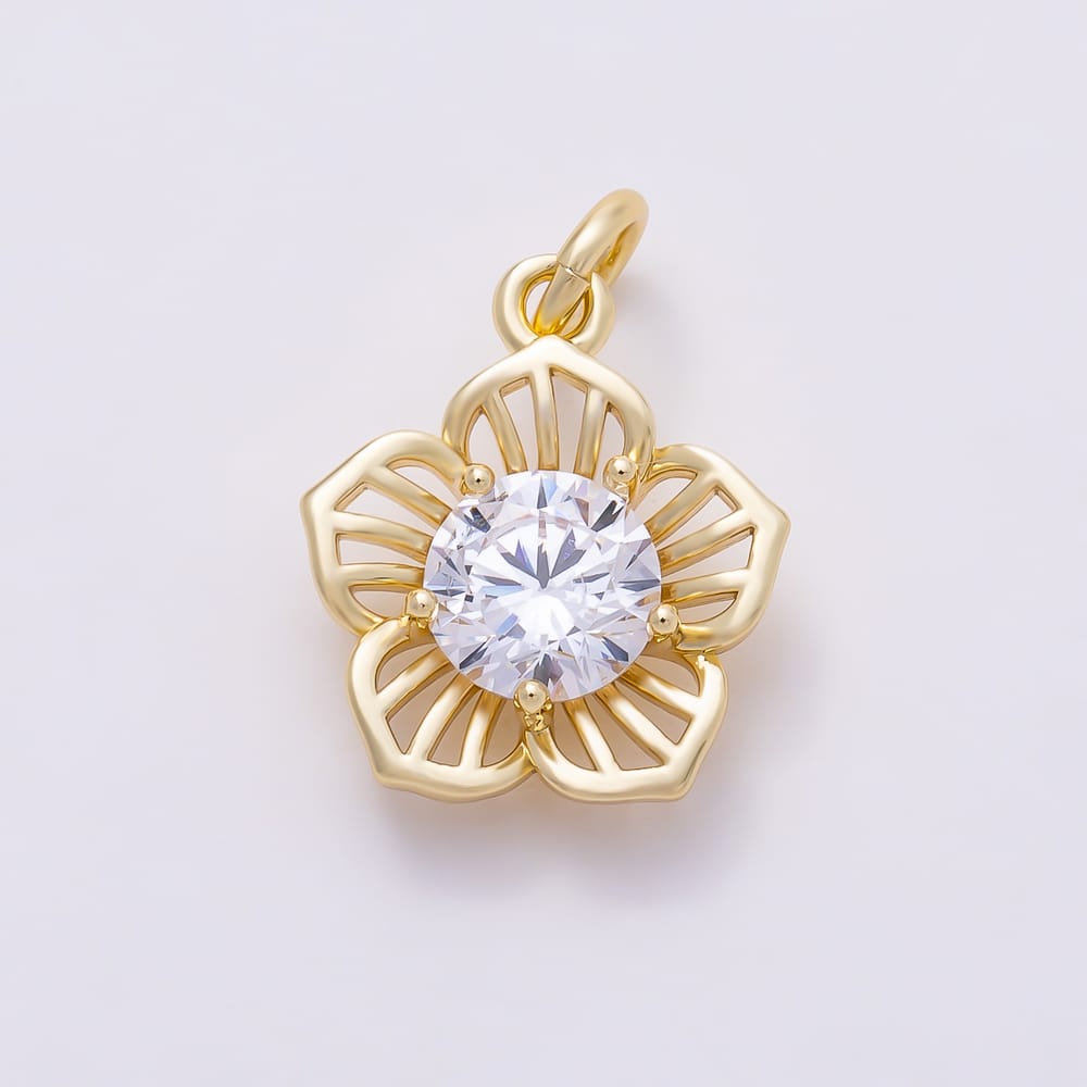 16K Gold Filled 14mm Clear CZ Round Open Flower Charm in Gold & Silver | Charms-02272 Charms-02273