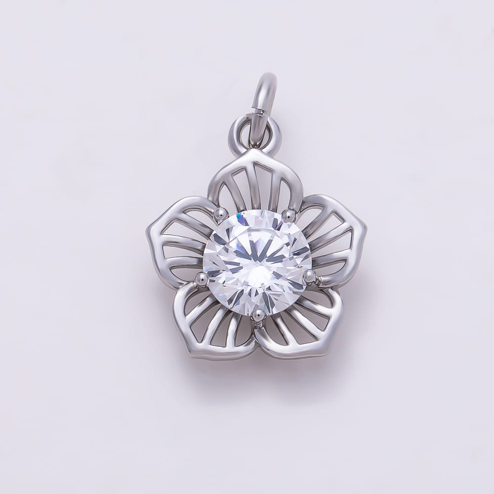 16K Gold Filled 14mm Clear CZ Round Open Flower Charm in Gold & Silver | Charms-02272 Charms-02273