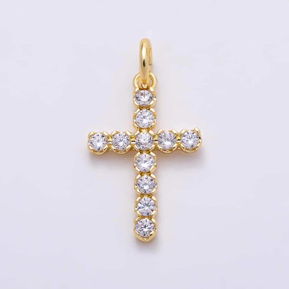 16K Gold Filled 17mm Clear CZ Round Bezel Religious Cross Charm in Gold & Silver | Charms-02276 Charms-02277