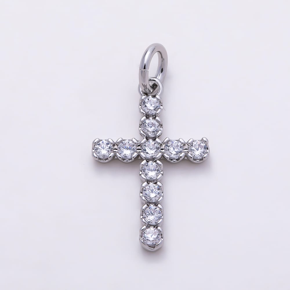 16K Gold Filled 17mm Clear CZ Round Bezel Religious Cross Charm in Gold & Silver | Charms-02276 Charms-02277