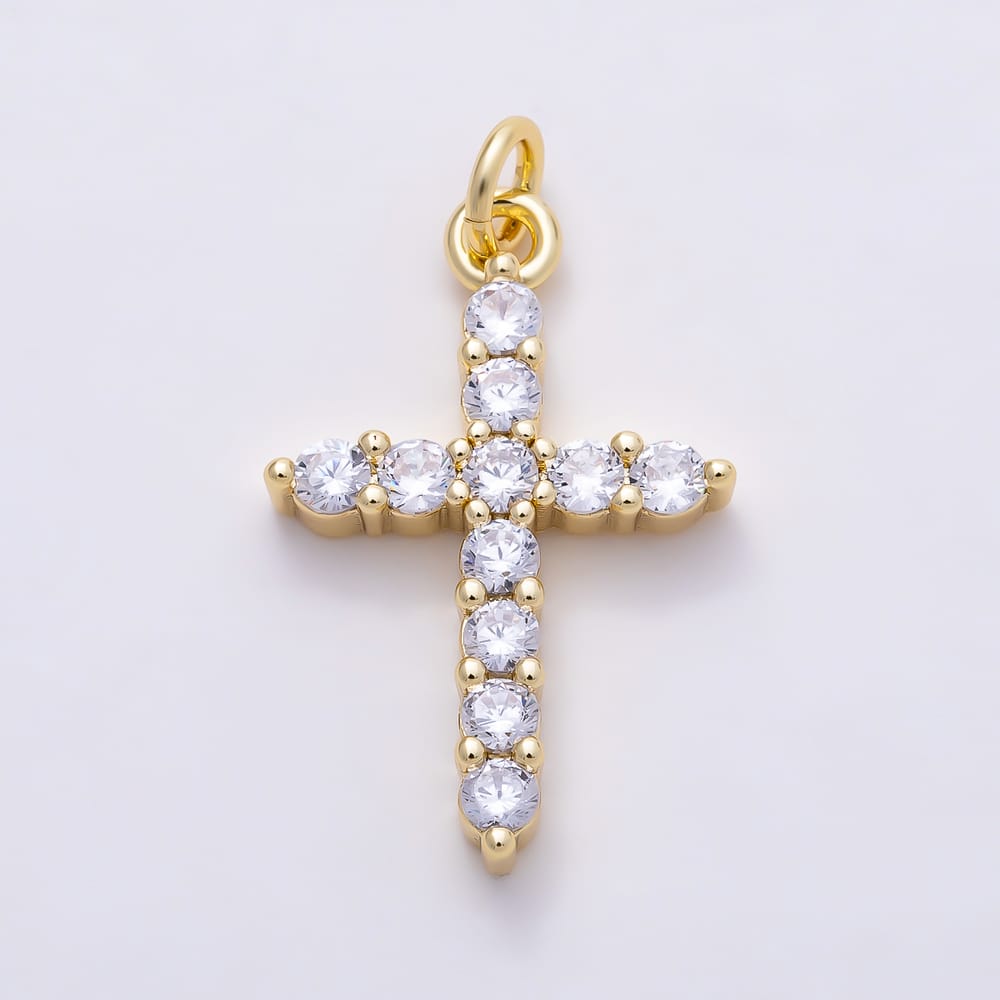 16K Gold Filled 23mm Clear Round CZ Religious Cross Charm in Gold & Silver | Charms-02278 Charms-02279
