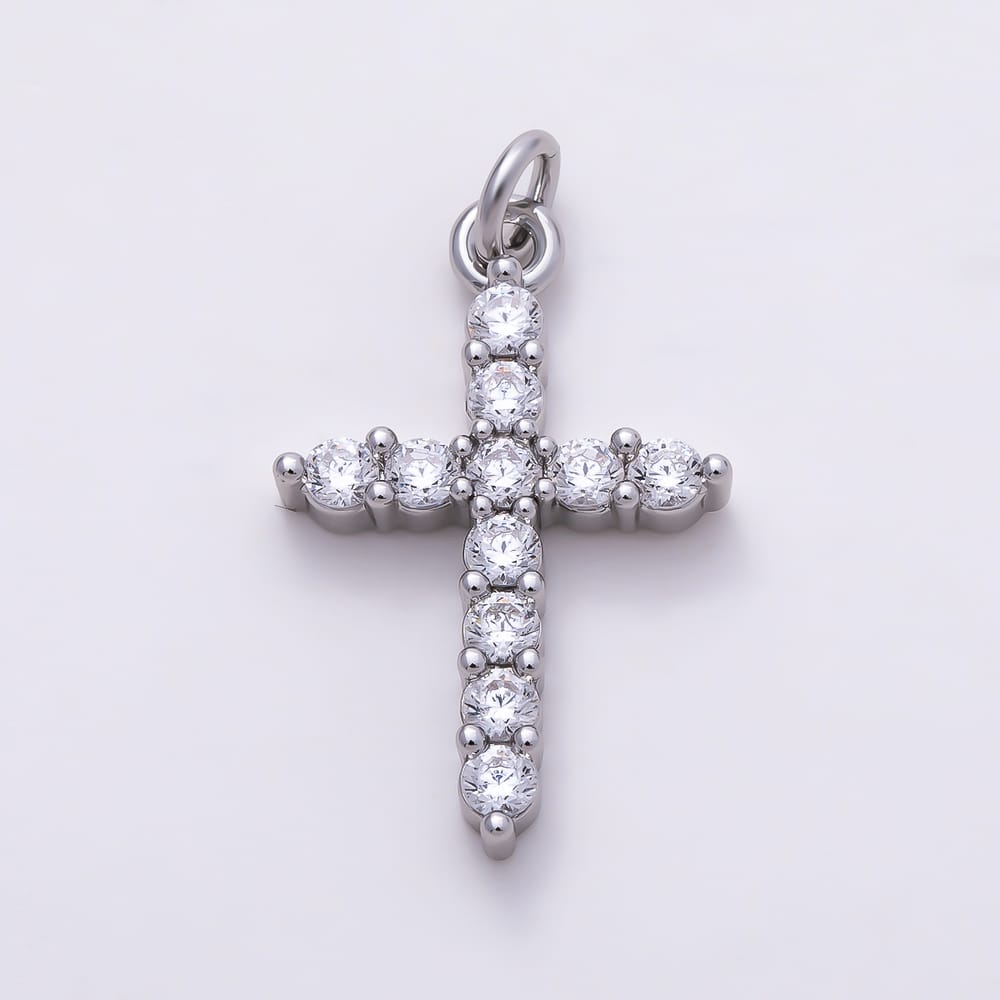 16K Gold Filled 23mm Clear Round CZ Religious Cross Charm in Gold & Silver | Charms-02278 Charms-02279