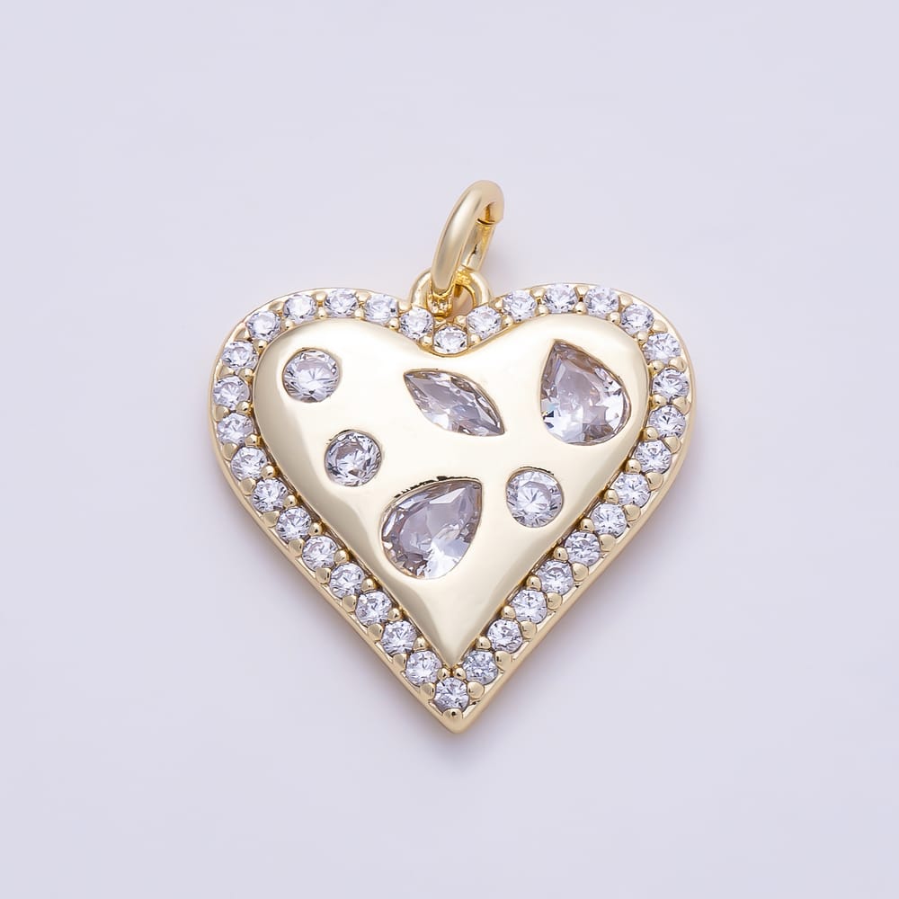 16K Gold Filled 16mm Multi Cut Dotted Micro Paved CZ Heart Charm in Gold & Silver | Charms-02286 Charms-02287