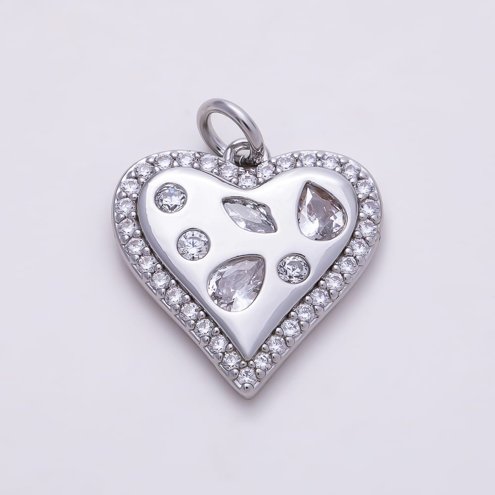 16K Gold Filled 16mm Multi Cut Dotted Micro Paved CZ Heart Charm in Gold & Silver | Charms-02286 Charms-02287